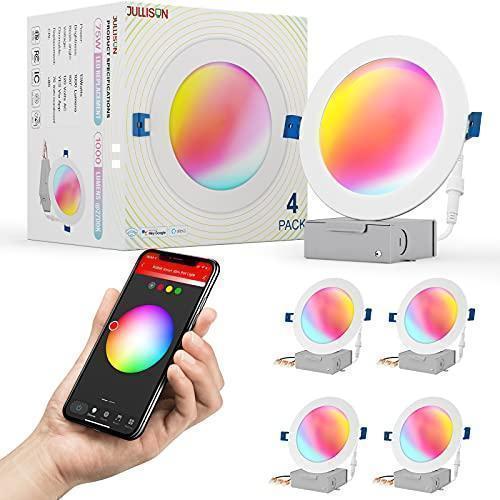 JULLISON 6" LED Smart Slim Recessed Pot Light, WiFi APP & Voice Control, 120VAC, 13W, 1000LM, RGB + 2700K-6000K, ETL & FCC & IC Rated, Wet Location, Compatible with Alexa/Google Home, White - 4 Packs Sale