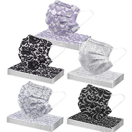 50 Packs Floral Disposable Face_Masks Adult with Lace Designs for Spring Summer 3-Ply Flower Facemasks with Nose Wire Holiday Paper Masks for Women Men Sale